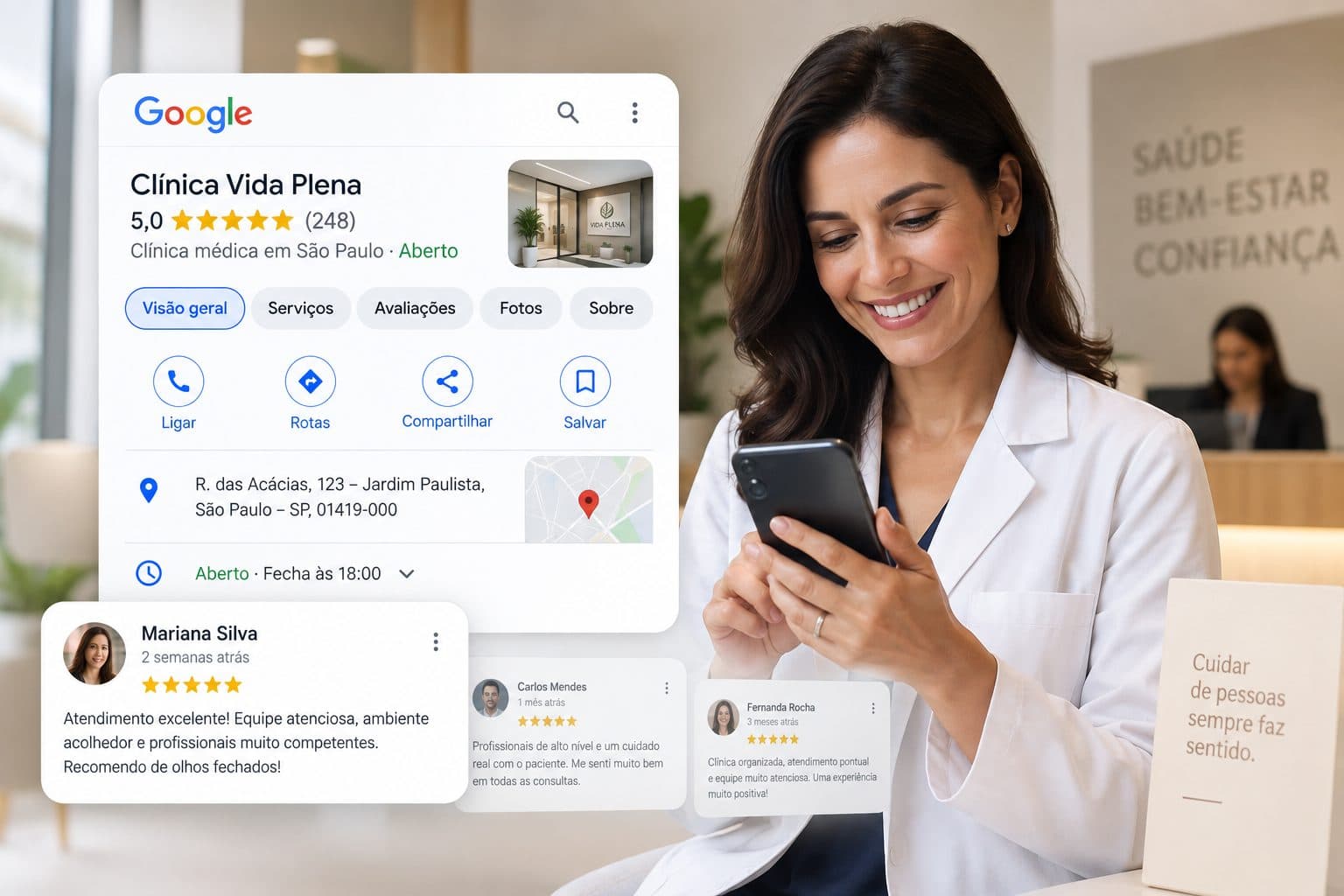 Perfil do Google Business Profile de uma clínica com nota 5,0 e avaliações de pacientes, ao lado de uma profissional de saúde olhando o celular na recepção