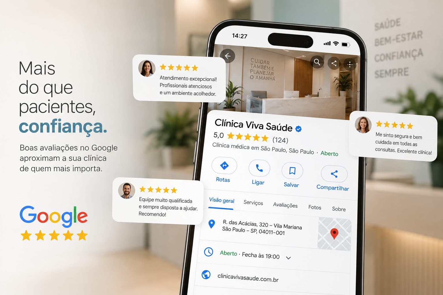Celular exibindo o perfil do Google Business Profile de uma clínica com nota 5,0 e avaliações de pacientes, ao lado do texto 'Mais do que pacientes, confiança. Boas avaliações no Google aproximam a sua clínica de quem mais importa.'